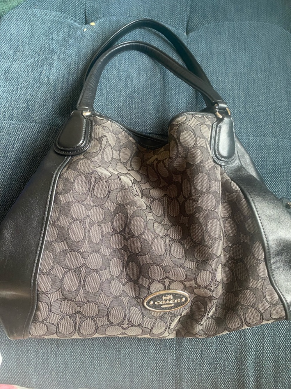 Coach Brown Signature Canvas Shoulder Bag with Dark Brown Leather Trim